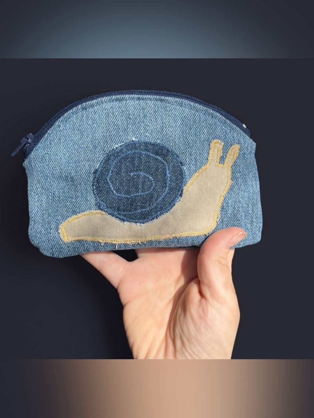 Handmade Denim Snail Appliqué Zippered Bag- Blue & Tan
